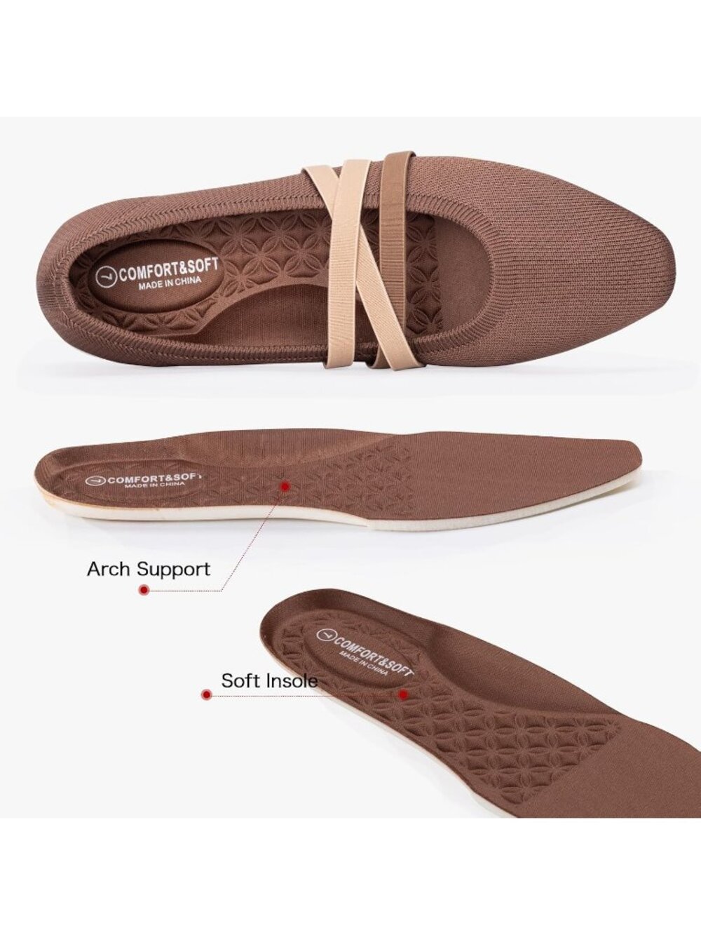 Women's Brown Knit Square Toe Ballet Flats Mary Jane Slip On Causal Shoes - Picture 2 of 7